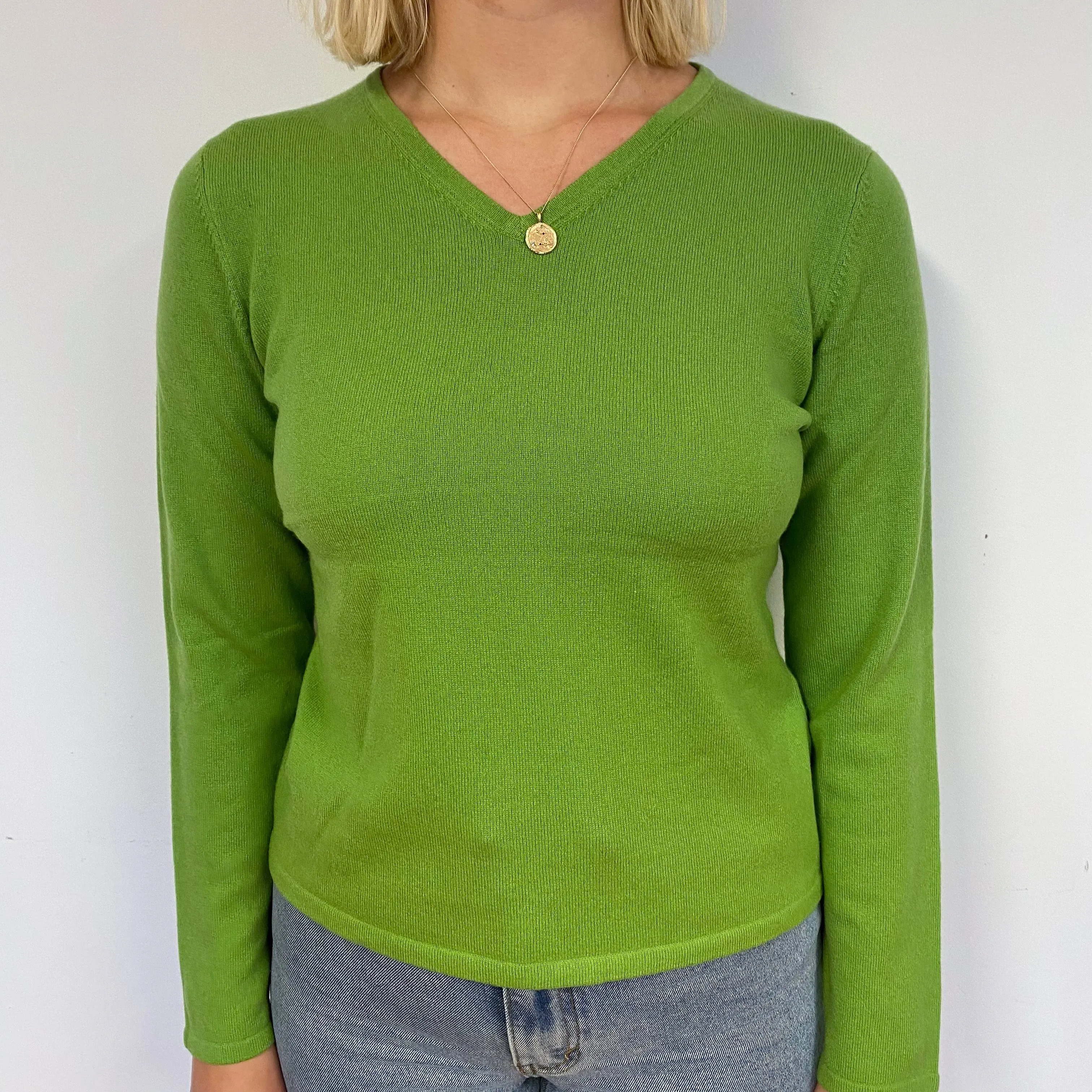 Pear Green Cashmere V-Neck Jumper Small