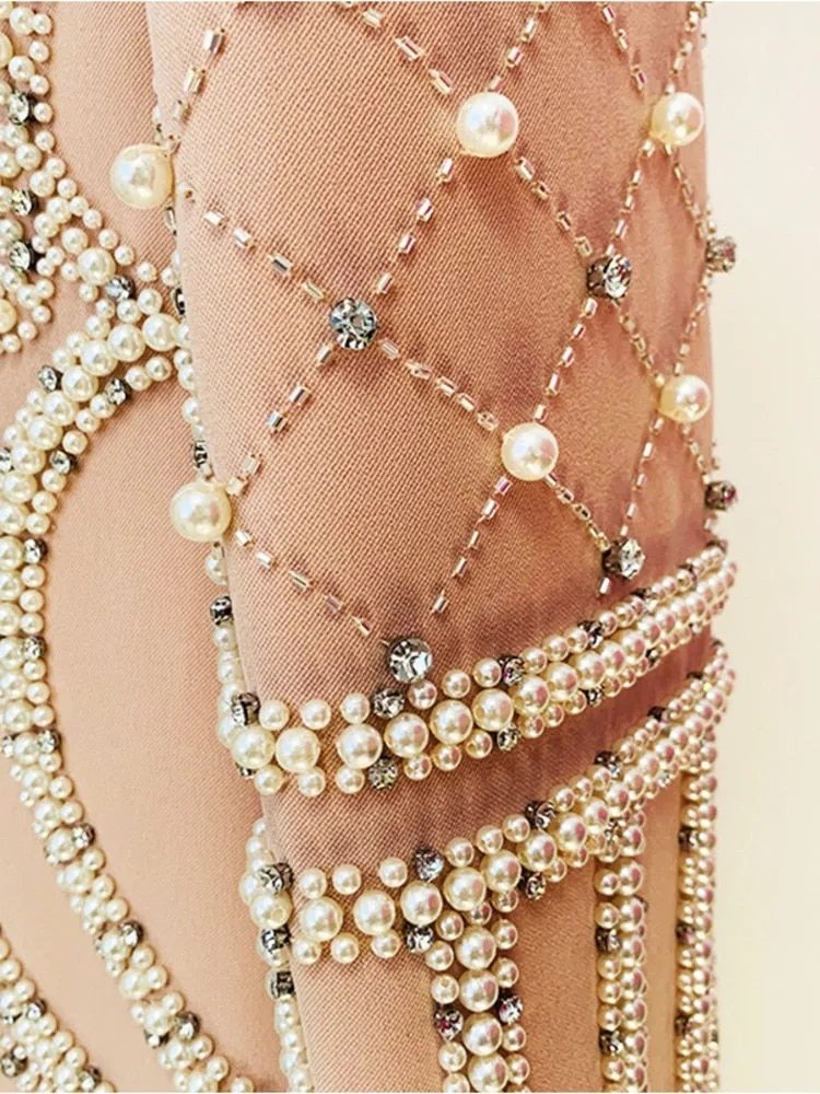 Pearl Beaded Shawl Collar Hidden Breasted Long Sleeve Blazer