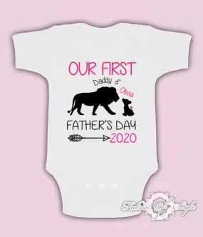 Personalised Lion Our First Fathers Day Baby Kids  Body Suit Vest Girl