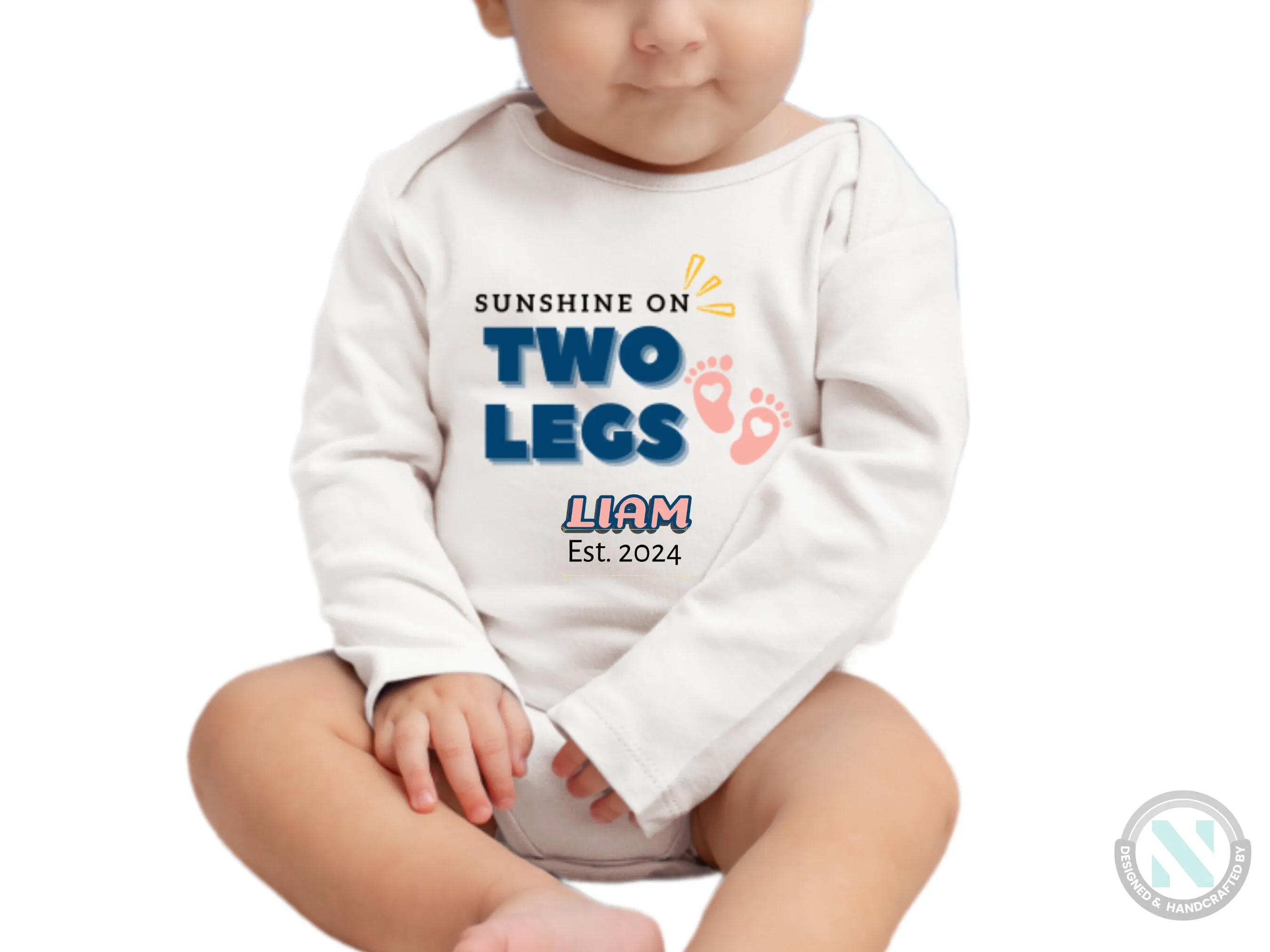 Personalize Name And Date Long Sleeve Baby Bodysuit for Boys with "Sunshine On Two Legs"