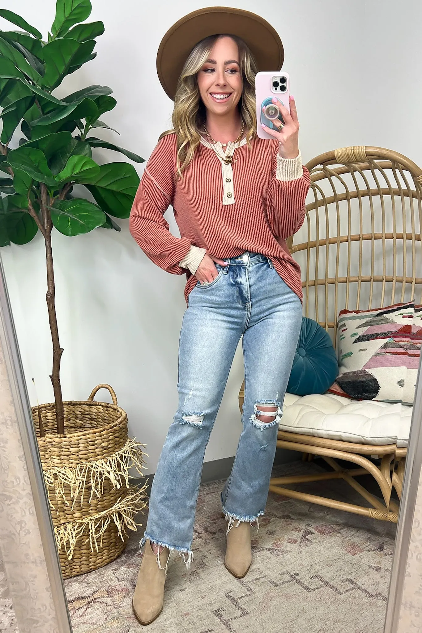 Preslie Rib Knit Button Henley Top - FINAL SALE