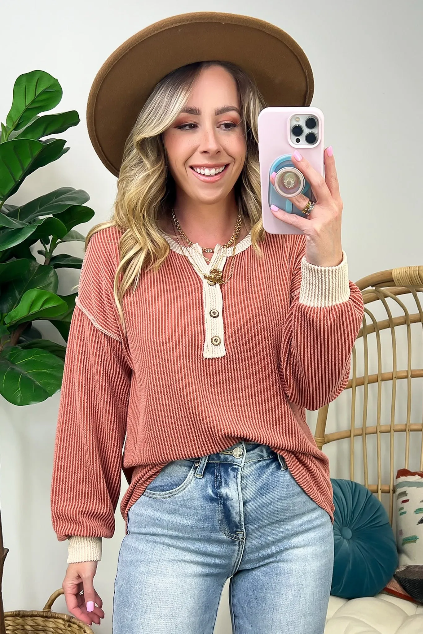 Preslie Rib Knit Button Henley Top - FINAL SALE