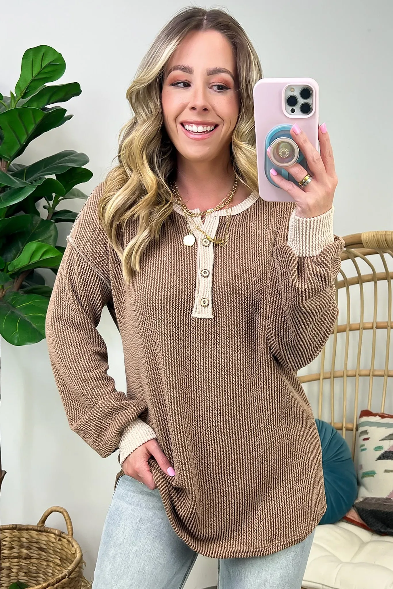 Preslie Rib Knit Button Henley Top - FINAL SALE