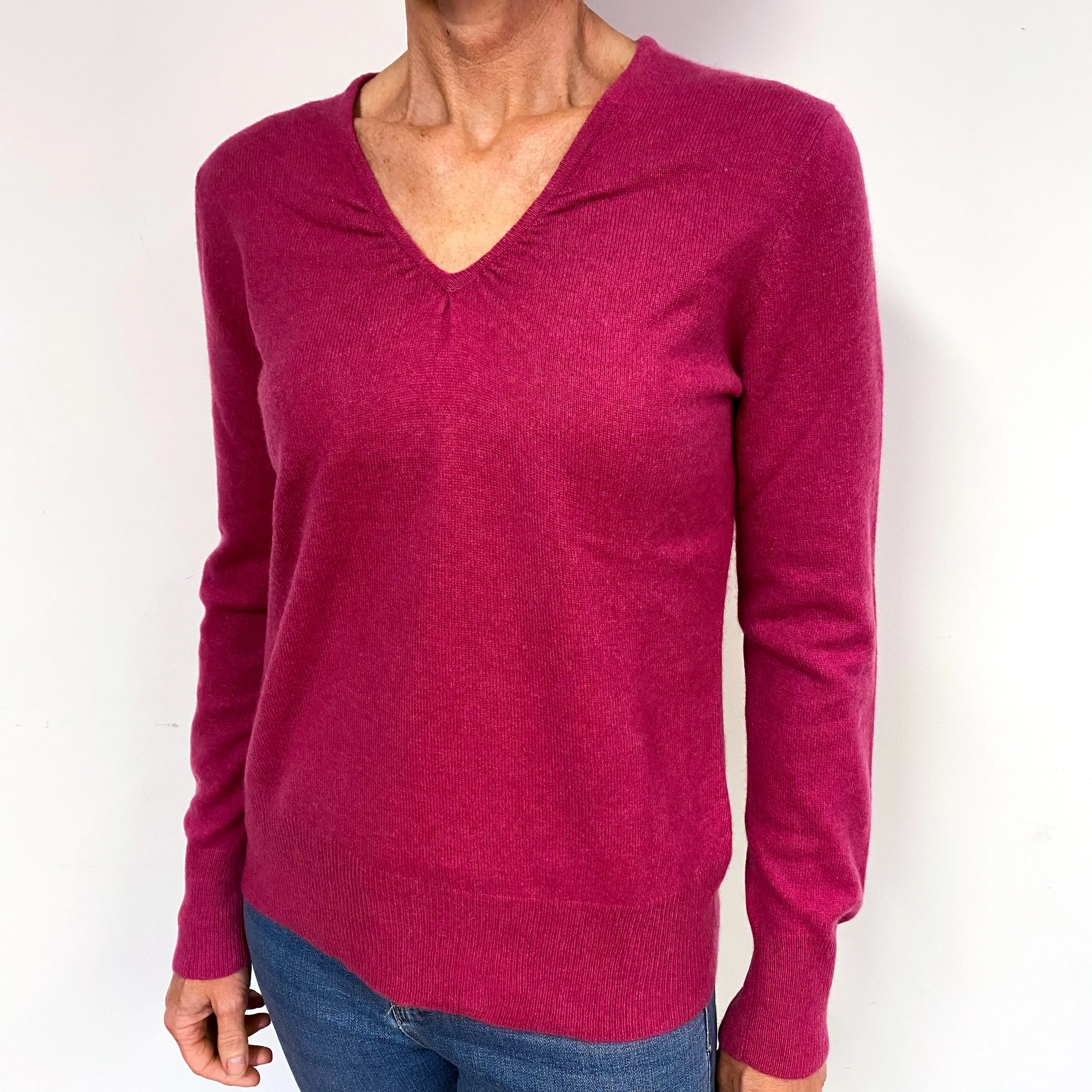 Raspberry Pink Cashmere Ruched V-Neck Jumper Medium