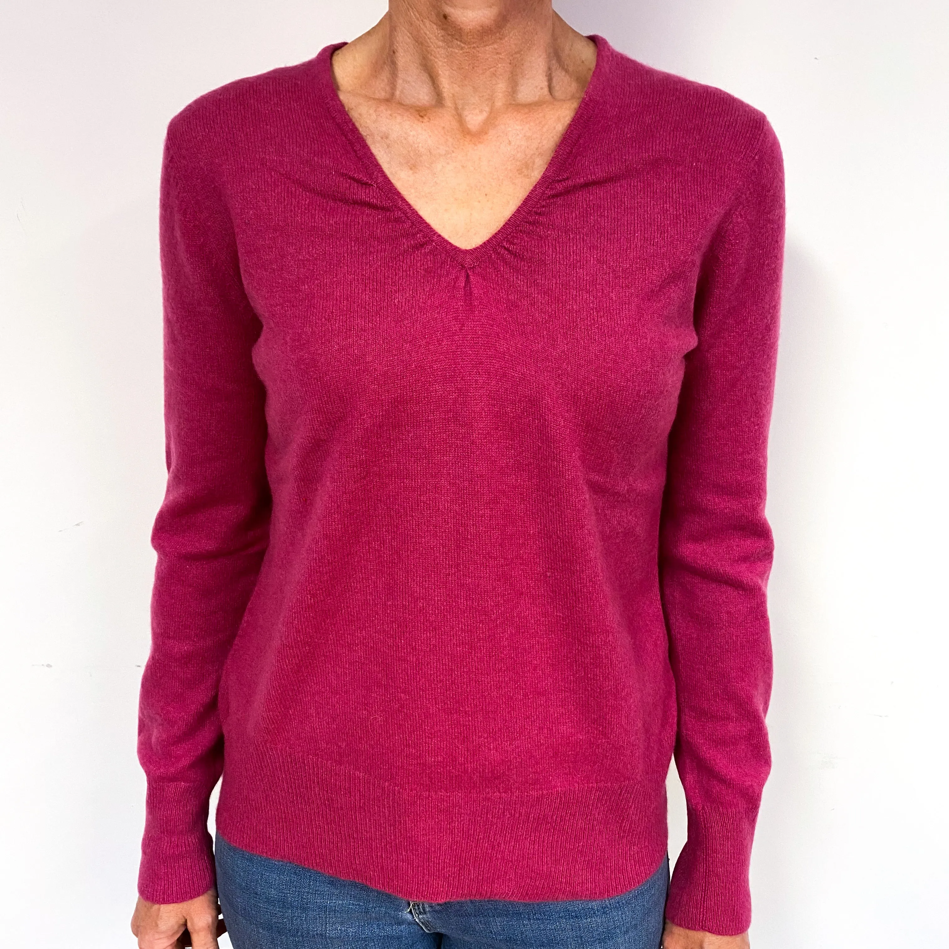 Raspberry Pink Cashmere Ruched V-Neck Jumper Medium