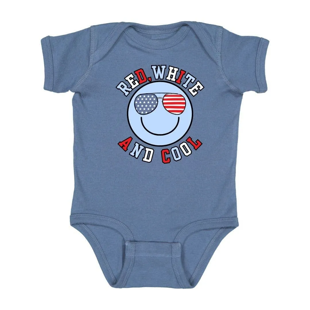 Red, White, and Cool Patriotic Smiley Short Sleeve Bodysuit