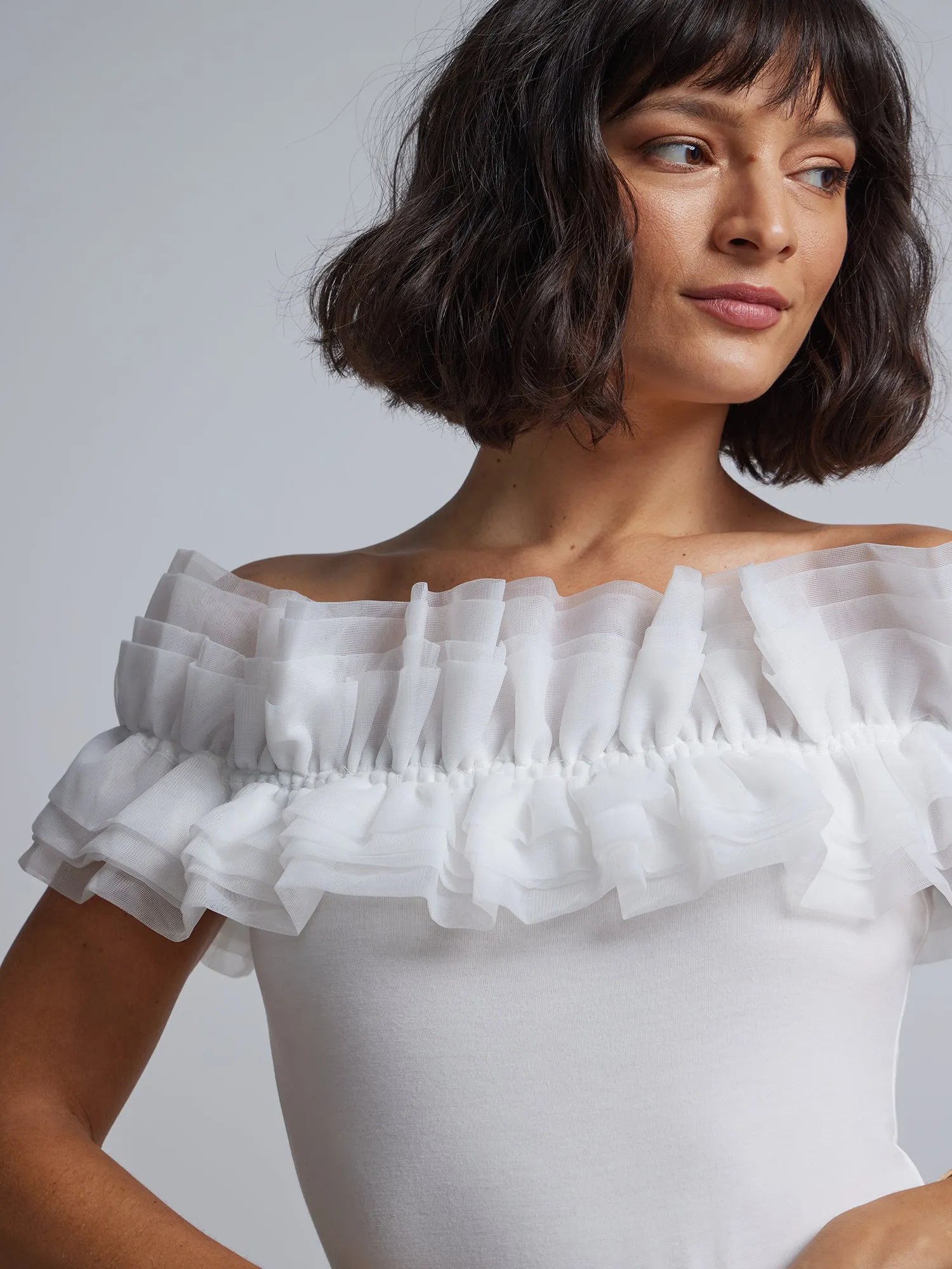 Ruffle-Organza Off-The-Shoulder Bodysuit
