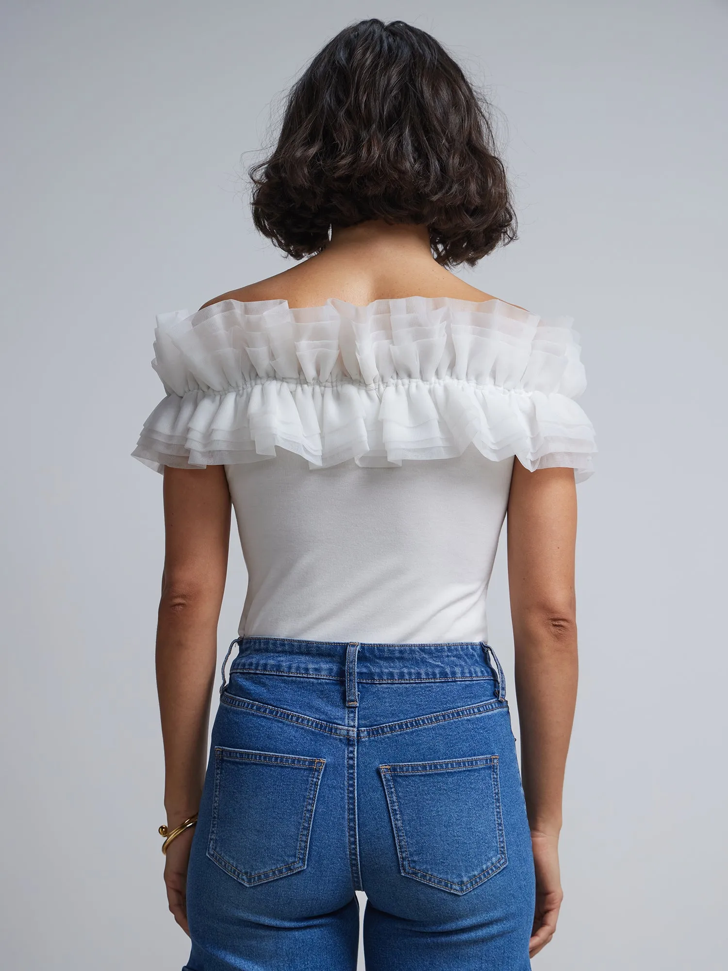 Ruffle-Organza Off-The-Shoulder Bodysuit