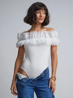 Ruffle-Organza Off-The-Shoulder Bodysuit