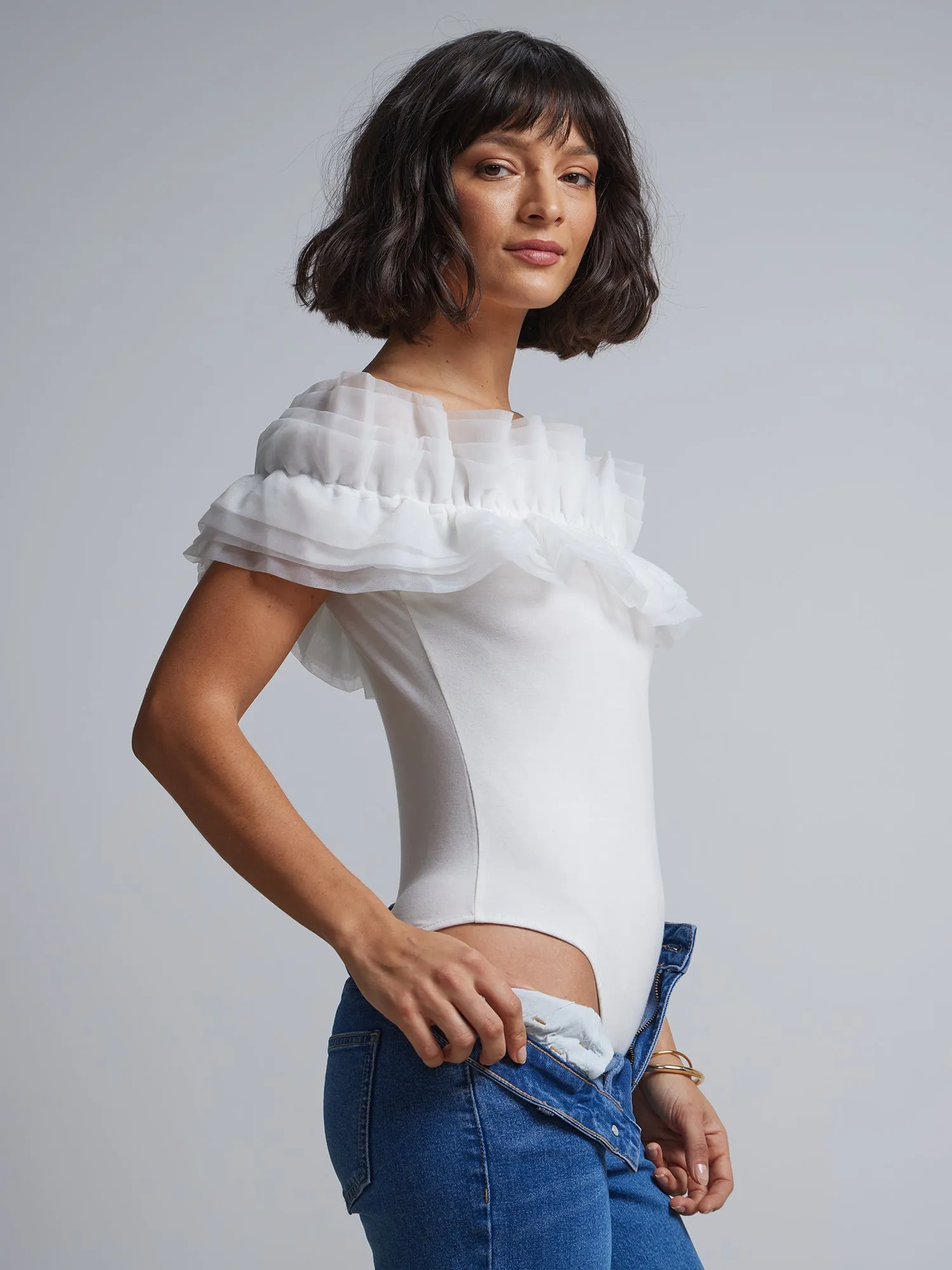 Ruffle-Organza Off-The-Shoulder Bodysuit
