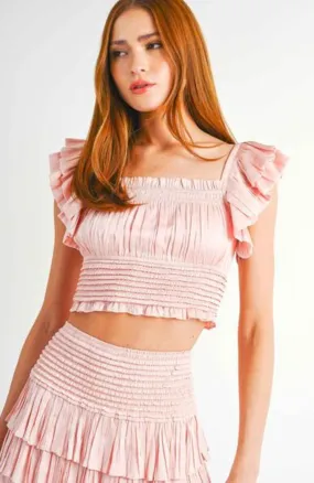 Ruffle Sleeve Cropped Smock Top-LTPink JT105
