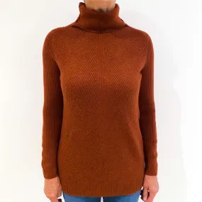 Rust Brown Rib Cashmere Funnel Neck Jumper Medium