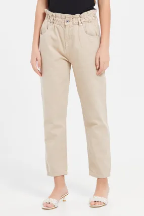 Senior Girls Beige Baggy Fit Jeans