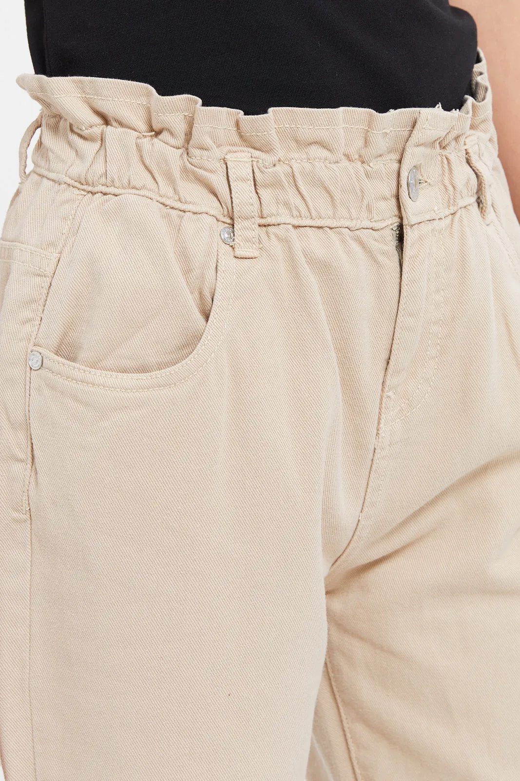 Senior Girls Beige Baggy Fit Jeans