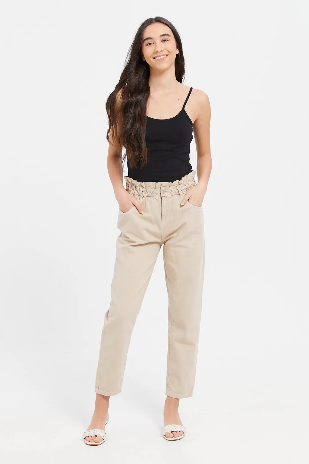 Senior Girls Beige Baggy Fit Jeans