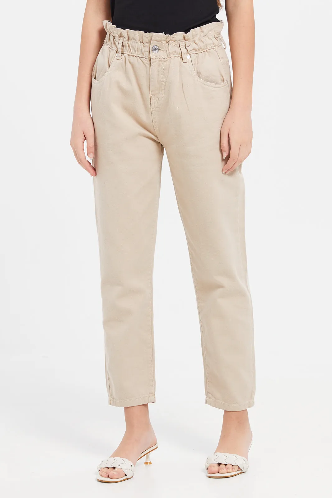 Senior Girls Beige Baggy Fit Jeans