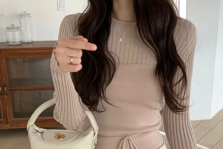 Set: Long Sleeve Round Neck Plain Ribbed Knit Top   Tube Top
