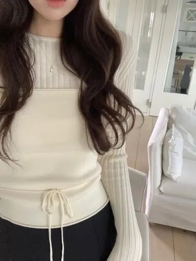 Set: Long Sleeve Round Neck Plain Ribbed Knit Top   Tube Top