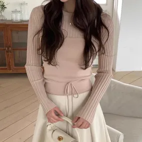 Set: Long Sleeve Round Neck Plain Ribbed Knit Top   Tube Top
