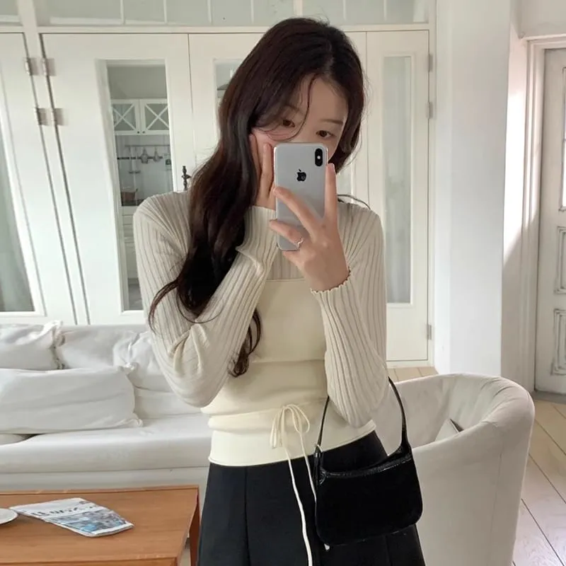 Set: Long Sleeve Round Neck Plain Ribbed Knit Top   Tube Top