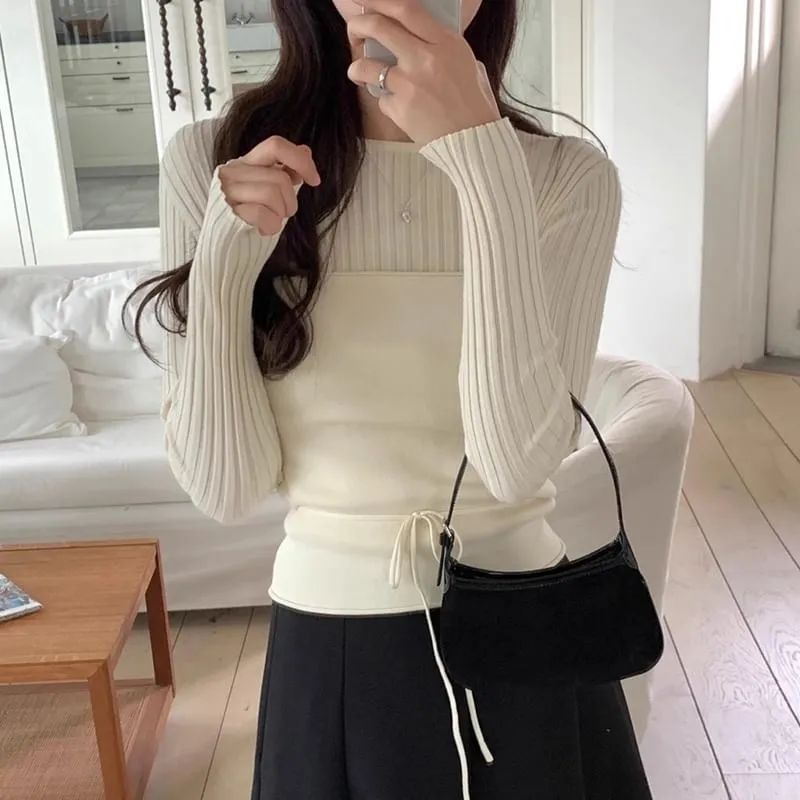 Set: Long Sleeve Round Neck Plain Ribbed Knit Top   Tube Top