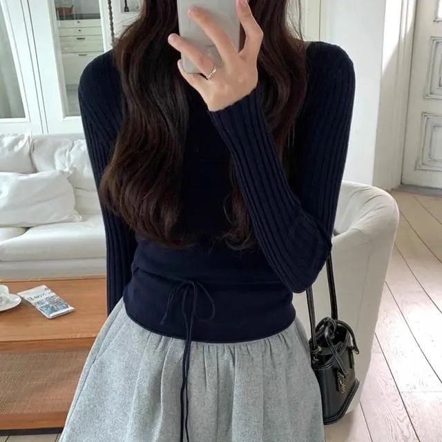 Set: Long Sleeve Round Neck Plain Ribbed Knit Top   Tube Top