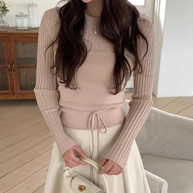 Set: Long Sleeve Round Neck Plain Ribbed Knit Top   Tube Top