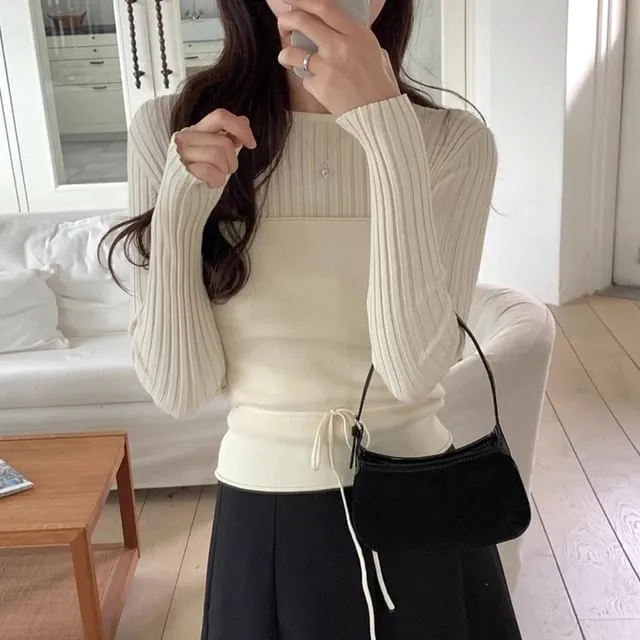 Set: Long Sleeve Round Neck Plain Ribbed Knit Top   Tube Top
