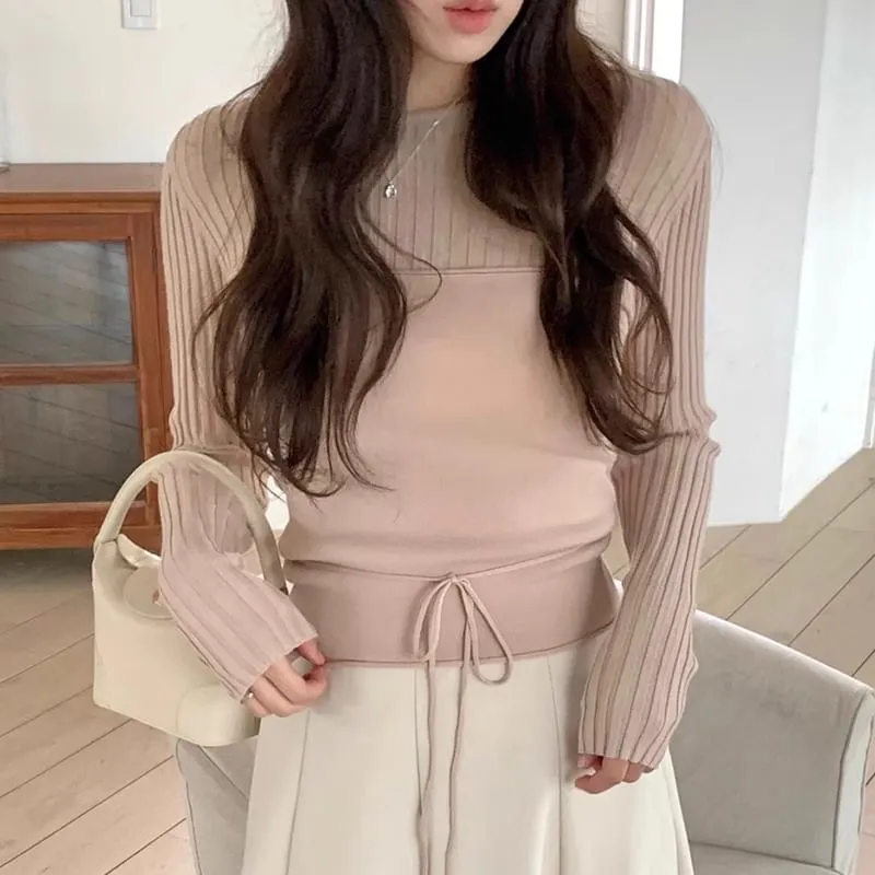 Set: Long Sleeve Round Neck Plain Ribbed Knit Top   Tube Top