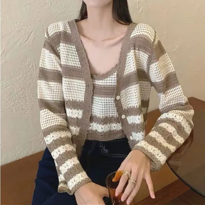 Set : Striped Cutout Cardigan   Striped Knit Tank Top