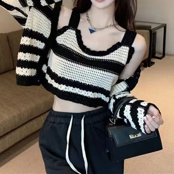 Set : Striped Cutout Cardigan   Striped Knit Tank Top