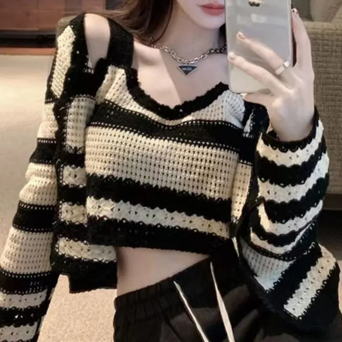 Set : Striped Cutout Cardigan   Striped Knit Tank Top