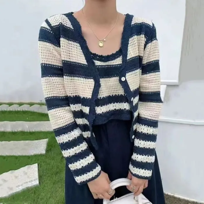 Set : Striped Cutout Cardigan   Striped Knit Tank Top