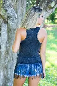 Shhh! I'm Hunting Cowboys Graphic Tank Top With Long Fringe Distressed Black Racerback Cowgirl Tee Shirt Small Medium Or Large