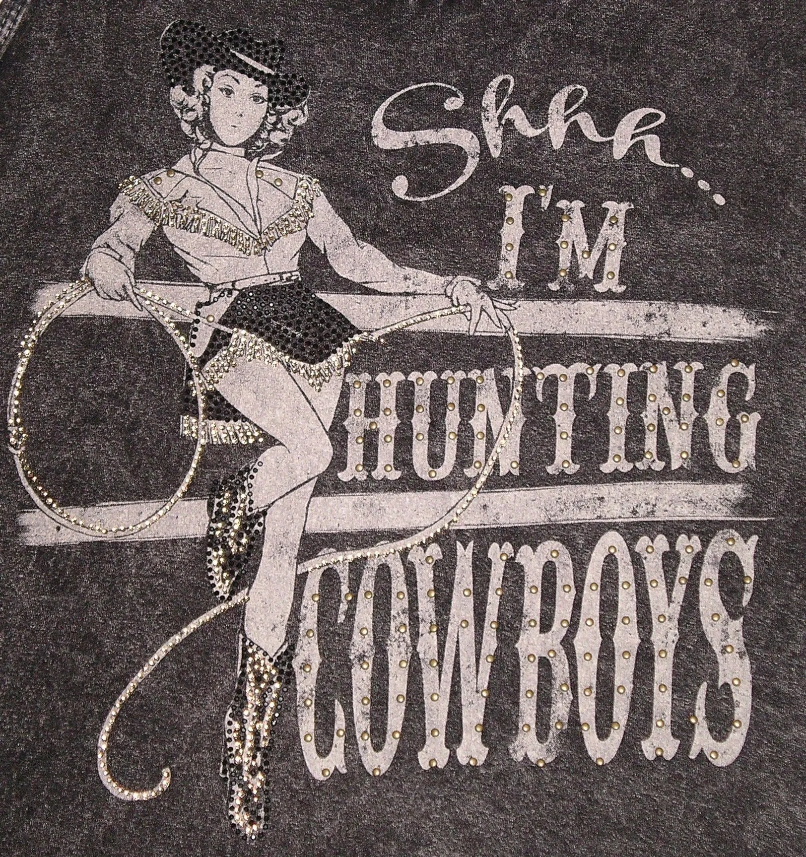 Shhh! I'm Hunting Cowboys Graphic Tank Top With Long Fringe Distressed Black Racerback Cowgirl Tee Shirt Small Medium Or Large