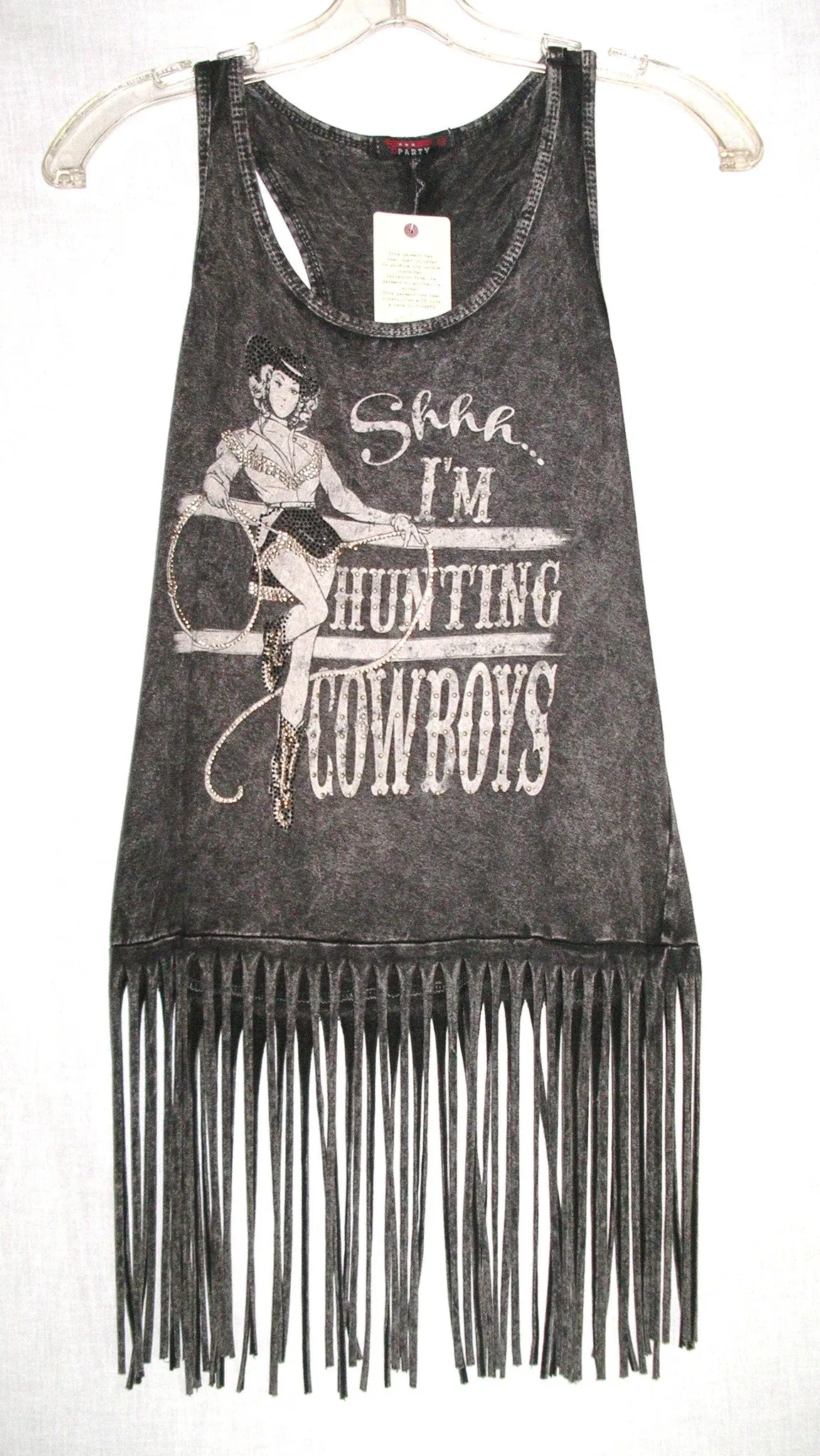Shhh! I'm Hunting Cowboys Graphic Tank Top With Long Fringe Distressed Black Racerback Cowgirl Tee Shirt Small Medium Or Large