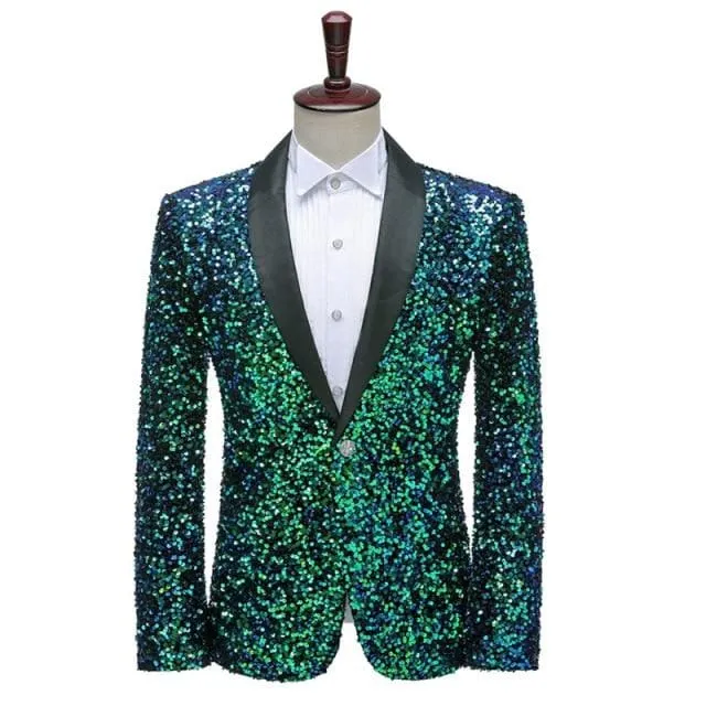 Shiny Green Shawl Collar One Button Sequins Bling Glitter Party Blazer