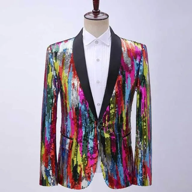 Shiny Green Shawl Collar One Button Sequins Bling Glitter Party Blazer
