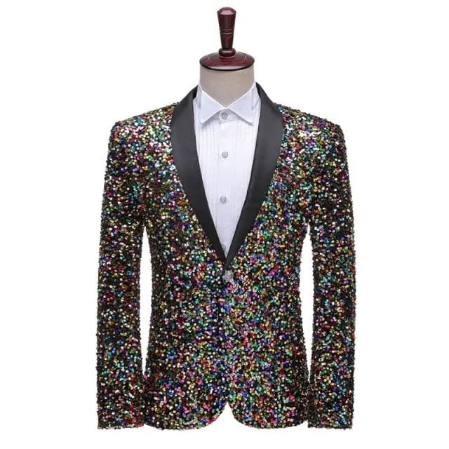 Shiny Green Shawl Collar One Button Sequins Bling Glitter Party Blazer