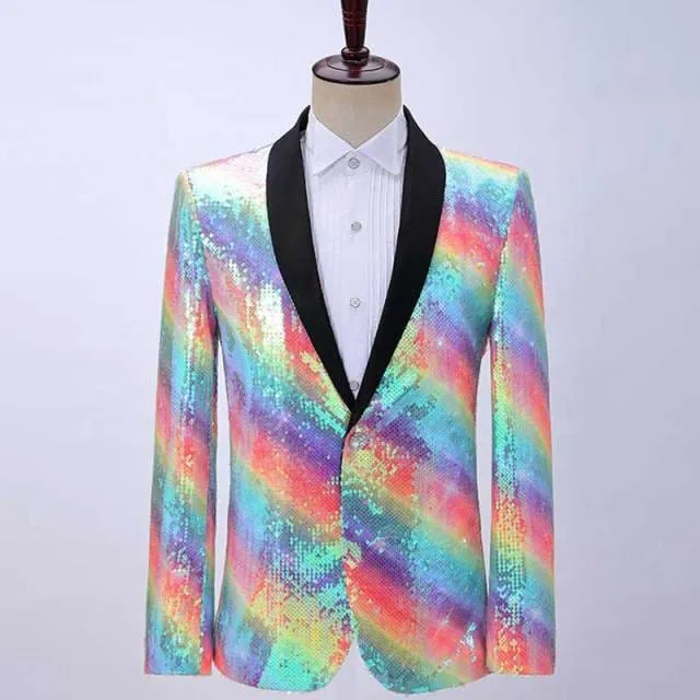 Shiny Green Shawl Collar One Button Sequins Bling Glitter Party Blazer