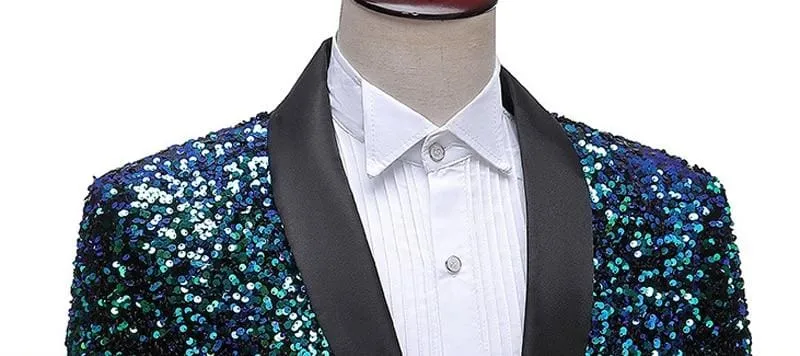Shiny Green Shawl Collar One Button Sequins Bling Glitter Party Blazer