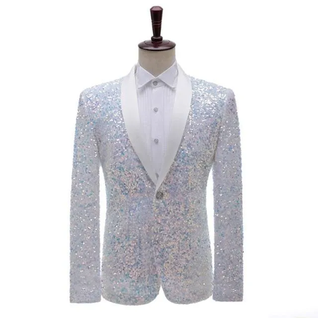 Shiny Green Shawl Collar One Button Sequins Bling Glitter Party Blazer