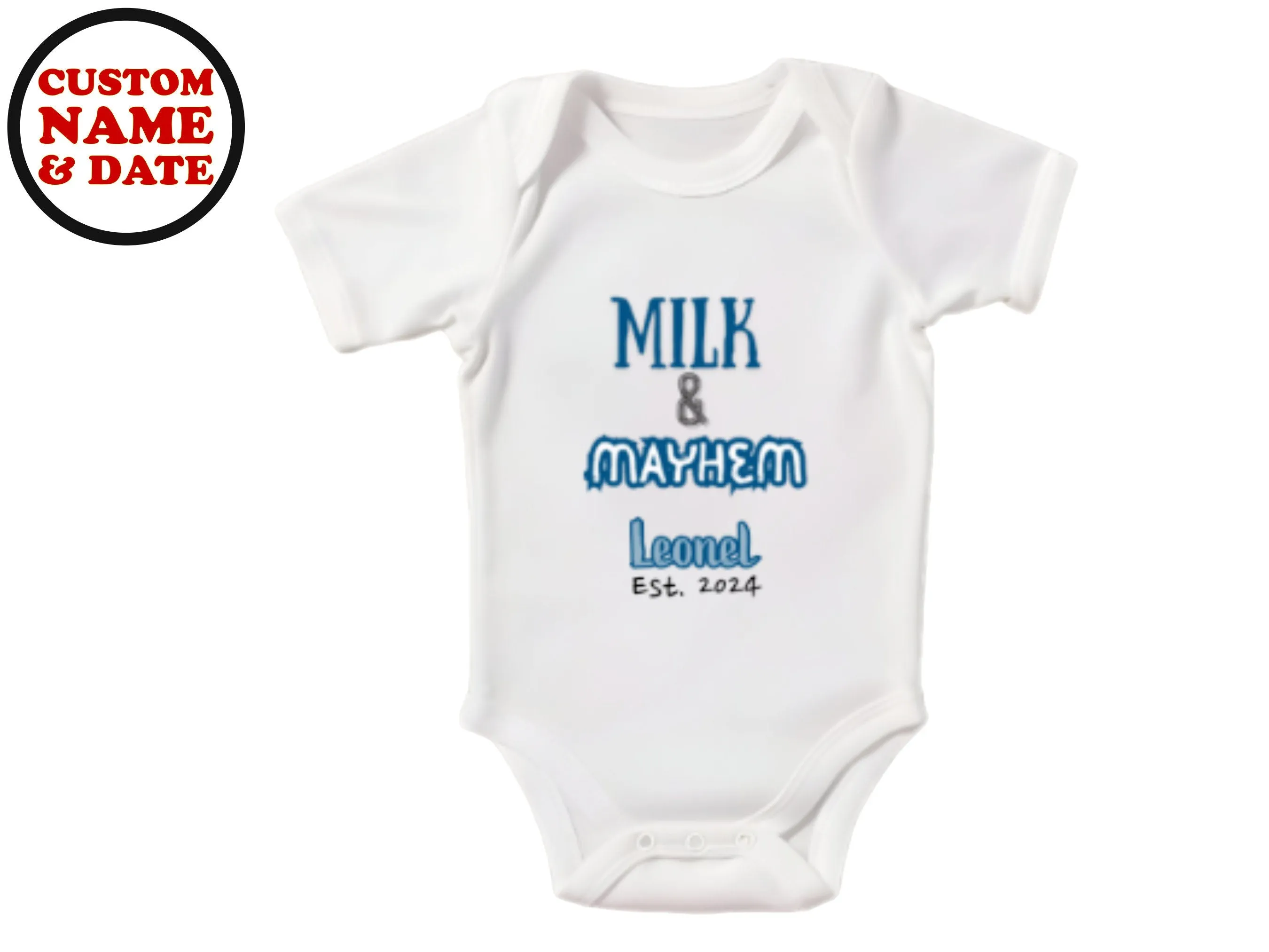 Short Sleeve Boy's Custom Name and Date Baby Bodysuit with Milk & Mayhem