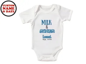 Short Sleeve Boy's Custom Name and Date Baby Bodysuit with Milk & Mayhem