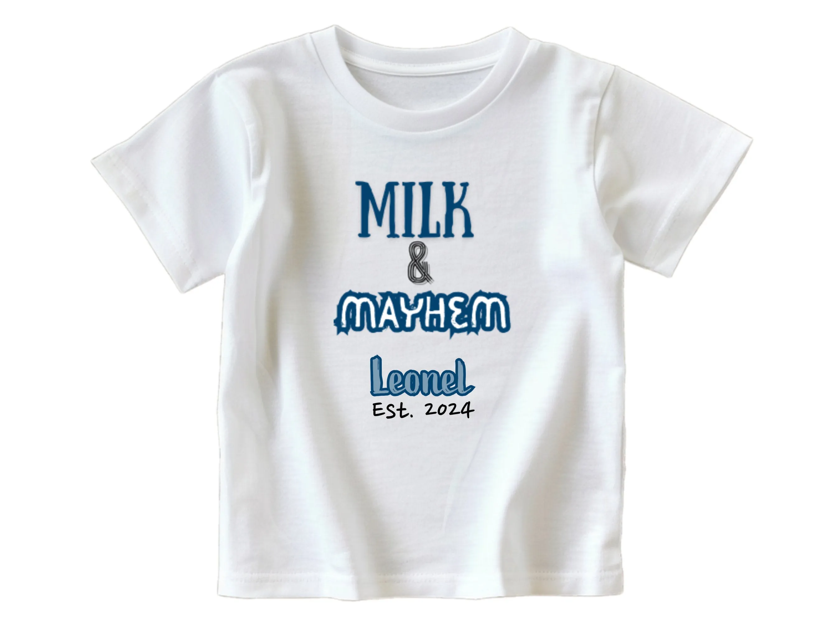 Short Sleeve Boy's Custom Name and Date Baby Bodysuit with Milk & Mayhem
