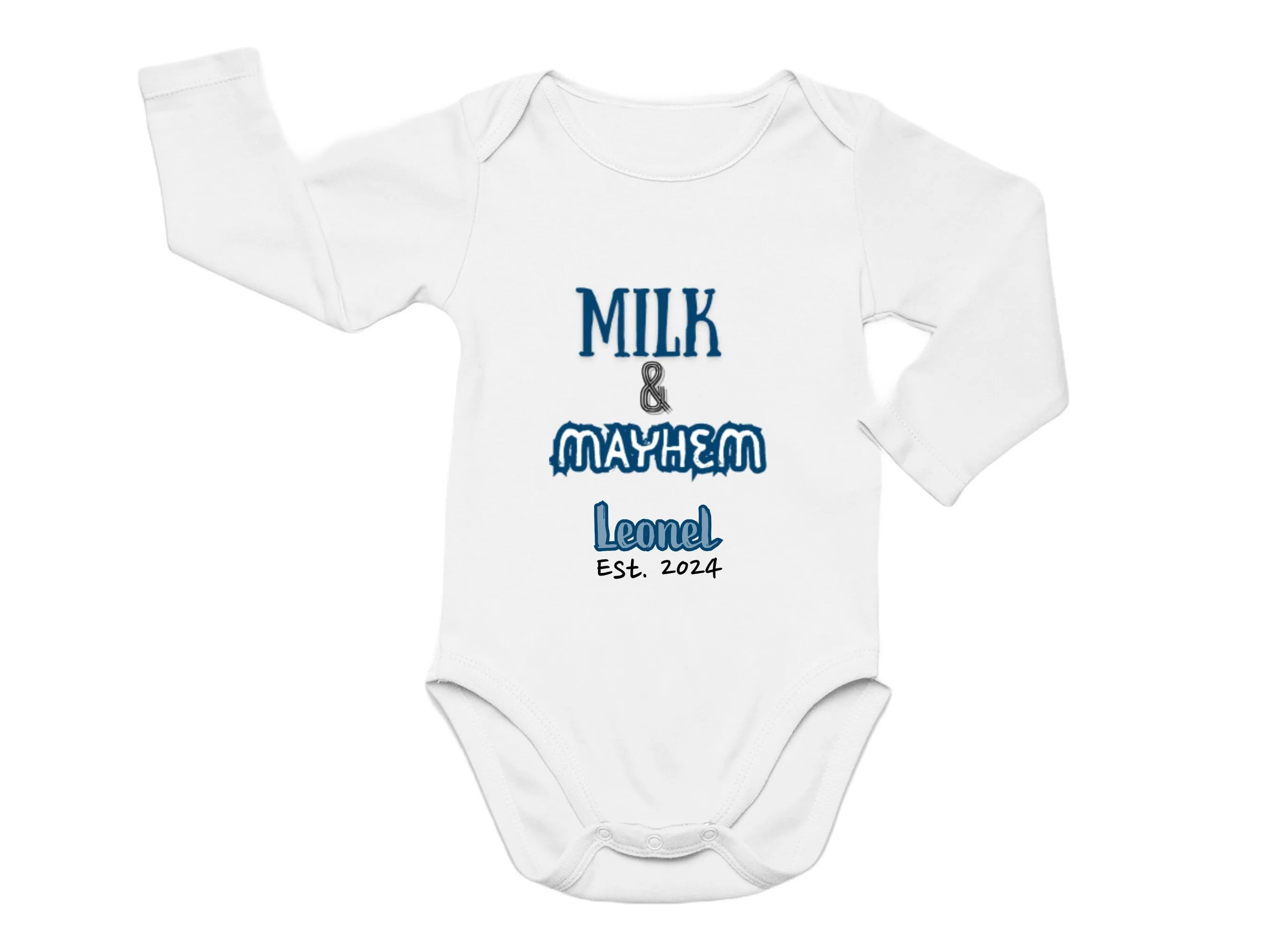 Short Sleeve Boy's Custom Name and Date Baby Bodysuit with Milk & Mayhem