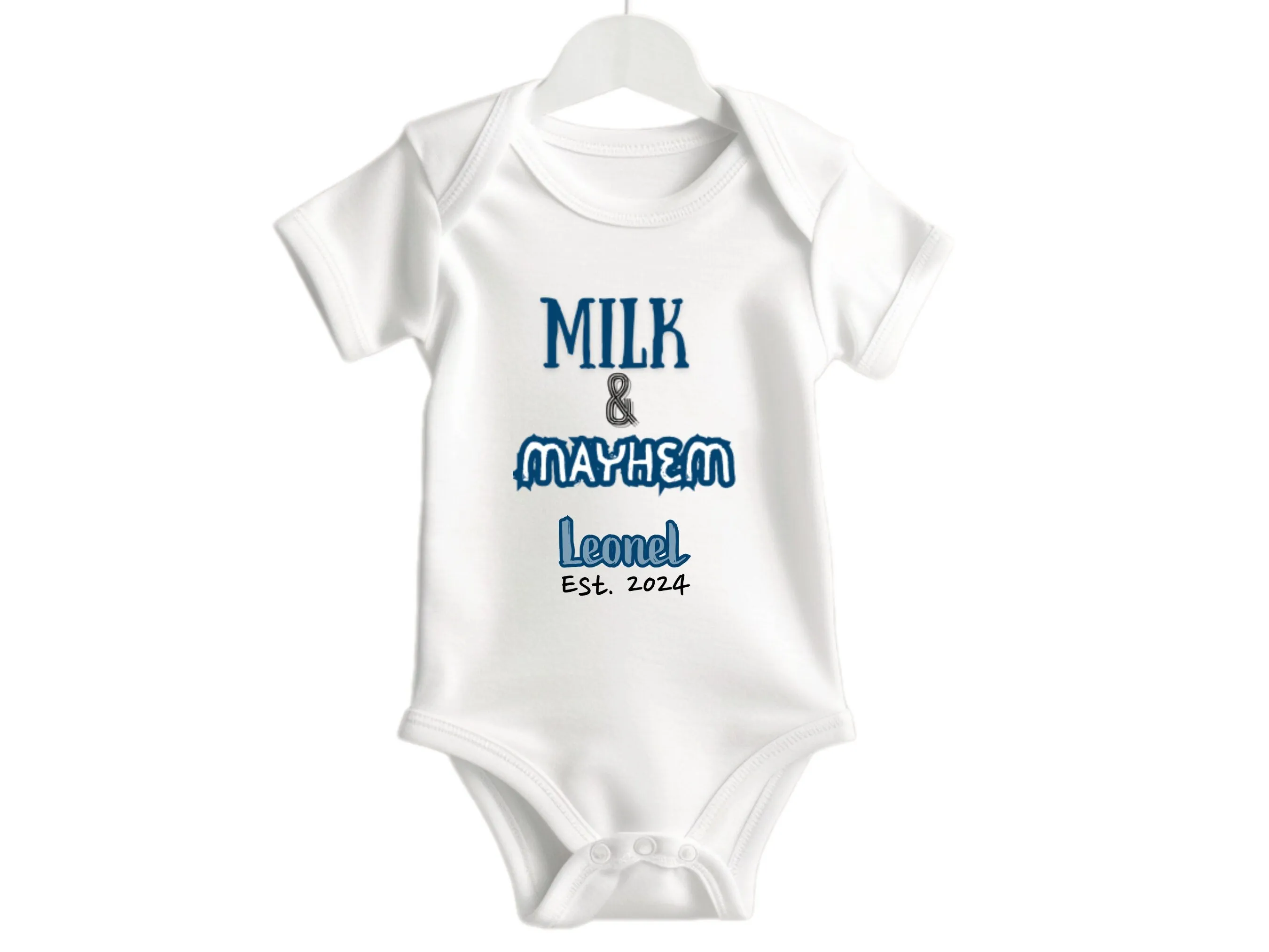 Short Sleeve Boy's Custom Name and Date Baby Bodysuit with Milk & Mayhem