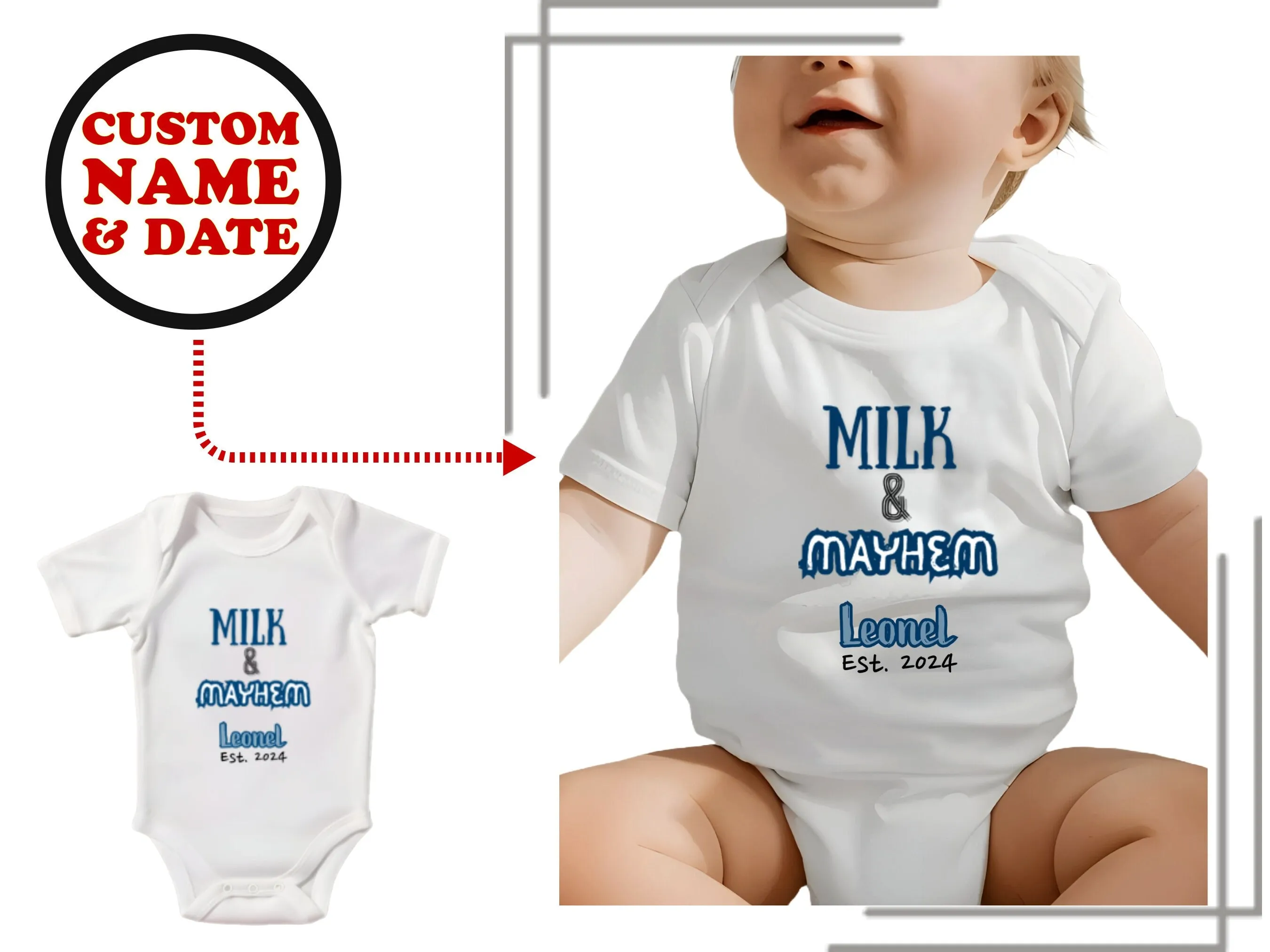 Short Sleeve Boy's Custom Name and Date Baby Bodysuit with Milk & Mayhem