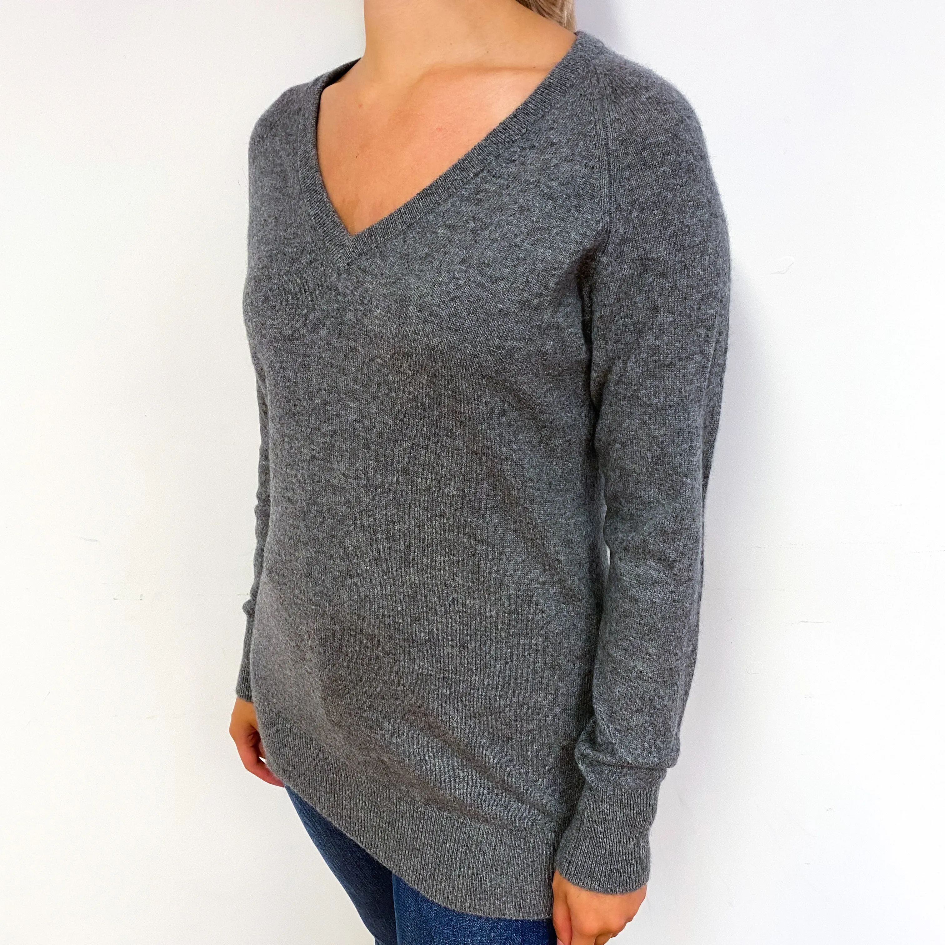 Slate Grey Longline Cashmere V-Neck Jumper Small