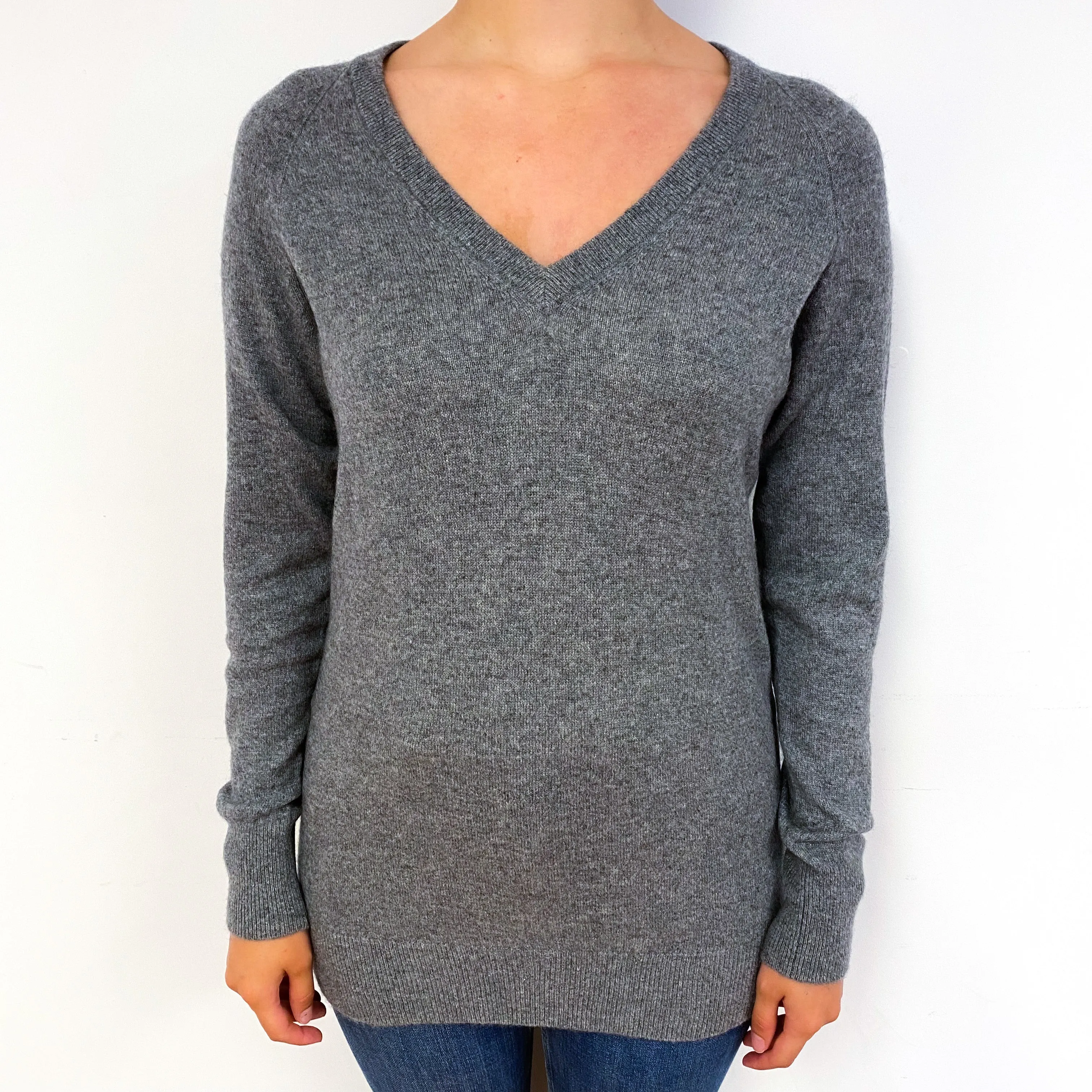 Slate Grey Longline Cashmere V-Neck Jumper Small